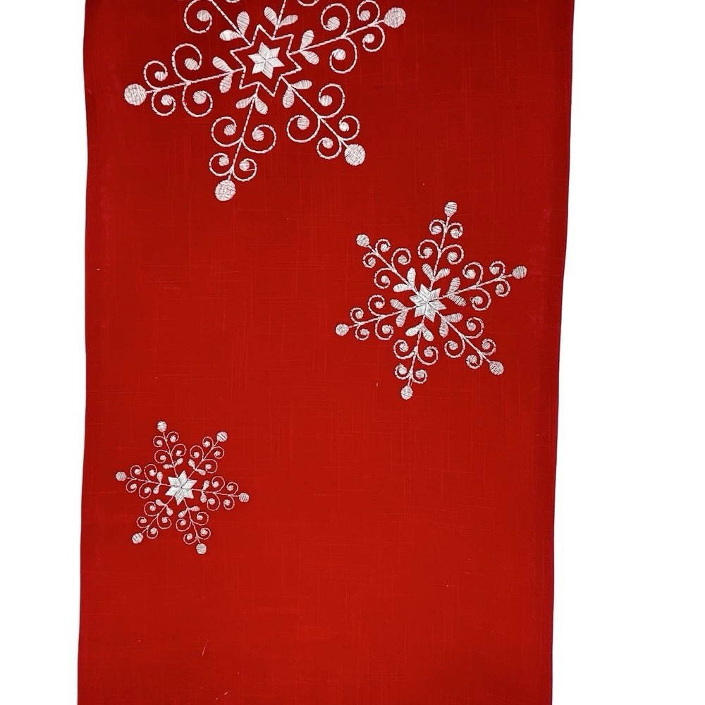 Christmas Table Runner Red White Snowflake Embroidered Holiday Decor 70x14 - Picture 3 of 5